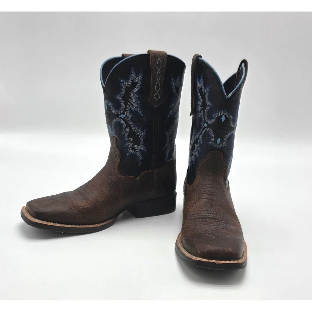 Ariat Kids Brown Black Blue Leather Western Cowboy Boots 10012794 Size 2 US